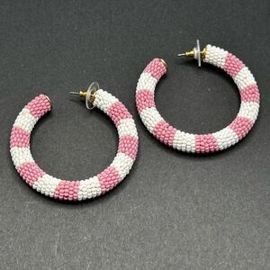 J.Crew x‎ Allison Lou Pink and White Striped Beaded Hoop Earrings